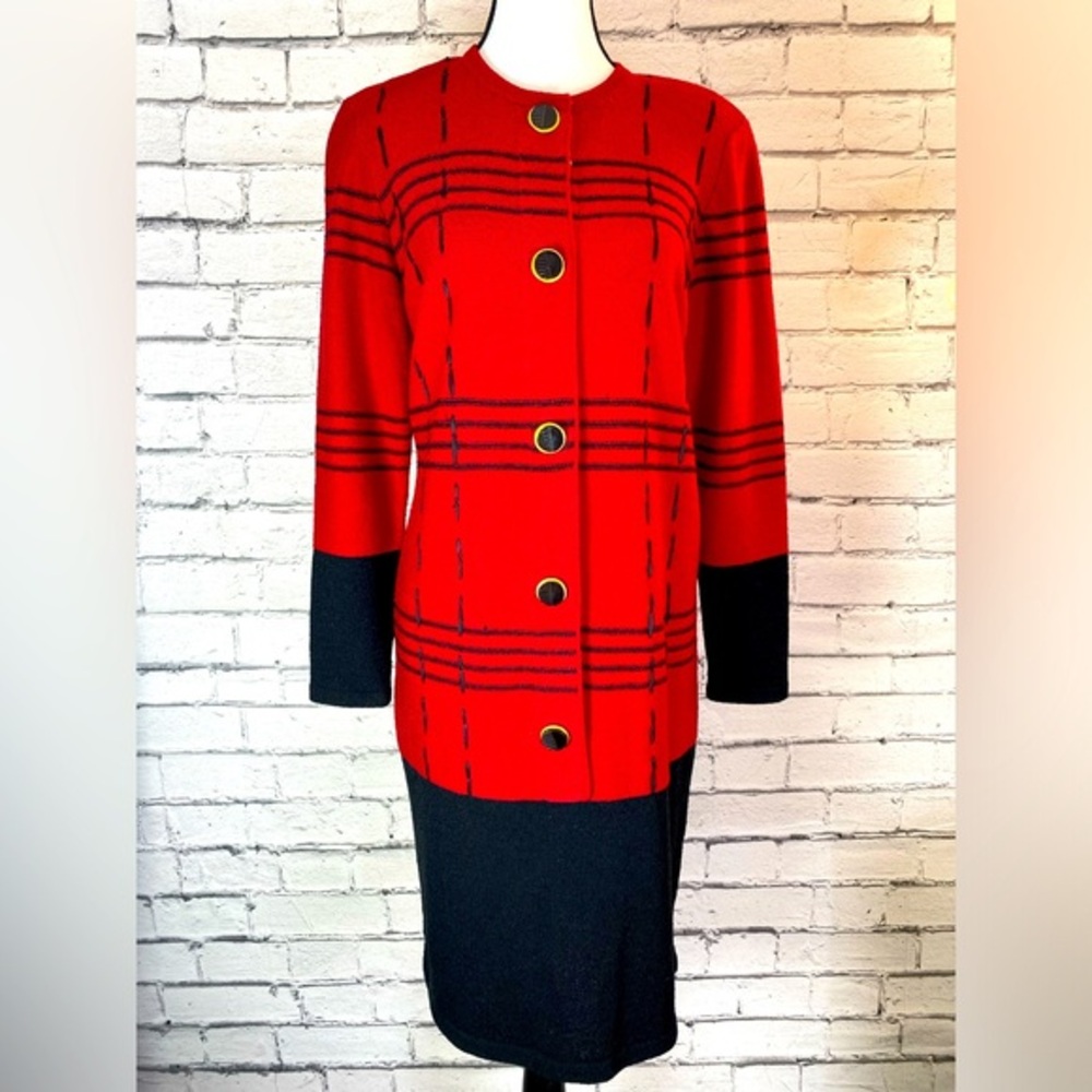 Steve Fabrikant Red & Black  Long Sleeved Wool Knit Maxi Dress Vintage Medium